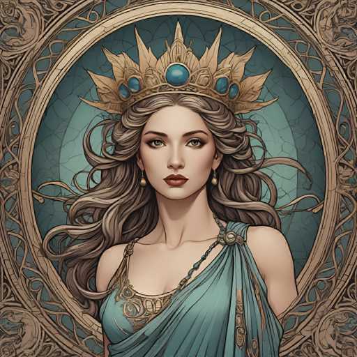 The image depicts a woman with long blonde hair wearing a blue dress and a gold crown on her head. The background features a circular pattern of blue and green hues, creating an ethereal atmosphere around the woman's figure.