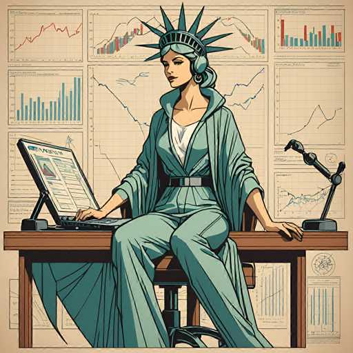 The image depicts a woman seated at a desk with a laptop and a computer monitor on it. She is wearing a green suit and a crown of leaves, which resembles the iconic statue of Liberty. The background features various graphs and charts, suggesting that she may be working in an office or conducting research related to economic trends and policies.