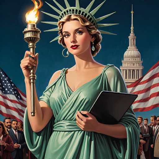 The image depicts a woman dressed as Lady Liberty, holding a torch and standing in front of the American flag with the words "Liberty" written on it. The background is dark blue, creating a contrast that highlights the woman's figure.