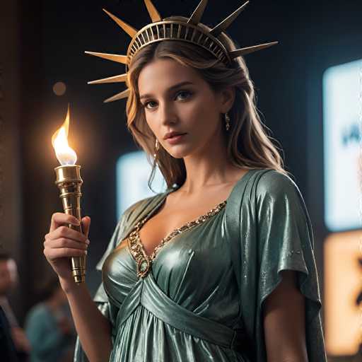 A woman is standing against a dark background with her hair styled in loose waves and wearing a crown made of gold stars on her head. She holds a lit torch in one hand and wears a green dress that matches the color of the stars on her crown.