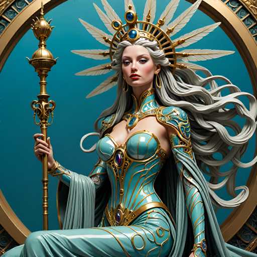 A woman with long blonde hair and a blue dress is depicted holding a golden staff adorned with a blue gemstone on her head. The background features a circular pattern of gold and blue colors.