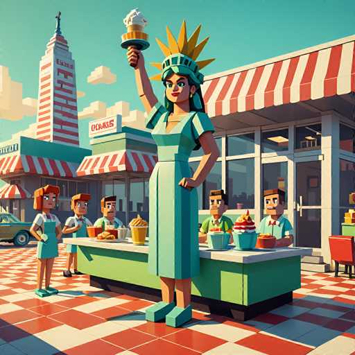 The image depicts a cartoon scene set on a checkered floor with a green and white striped border. In the center of the image is a statue of a woman holding a cupcake in her hand, wearing a blue dress and a crown. Surrounding this central figure are other statues and figures, including a man in a suit standing behind a counter filled with food items such as donuts and cakes. The background features buildings and trees, creating an urban setting for the scene.