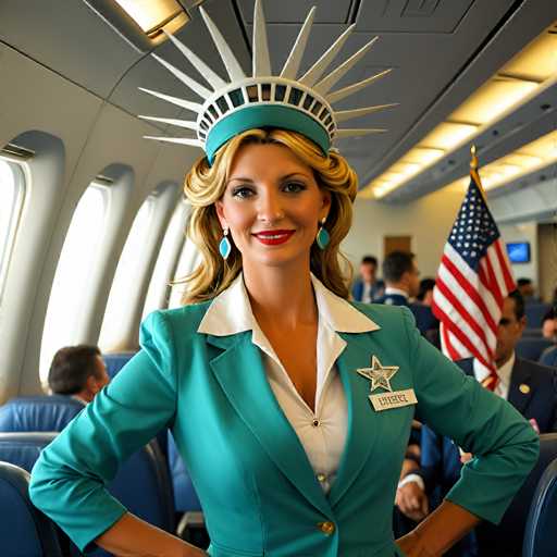A woman wearing a green suit and a tiara with a Statue of Liberty on top is standing in an airplane cabin.