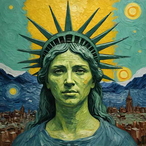 The image depicts an impressionist painting featuring a statue of the Statue of Liberty with her iconic crown and green face. The background is a vibrant blue sky filled with stars, creating a sense of depth and space. The painting style is loose and expressive, with visible brushstrokes that give it a unique texture and character.