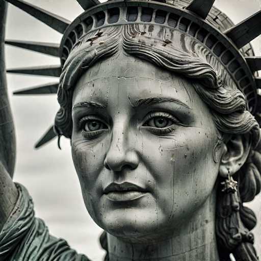 The image shows a close-up view of the statue of Liberty, which is a prominent landmark located on Liberty Island in New York Harbor. The statue is made of gray stone and features intricate details that make it an iconic symbol of freedom and democracy. The perspective of the photo is from below, looking up at the statue, giving it a sense of grandeur and importance.