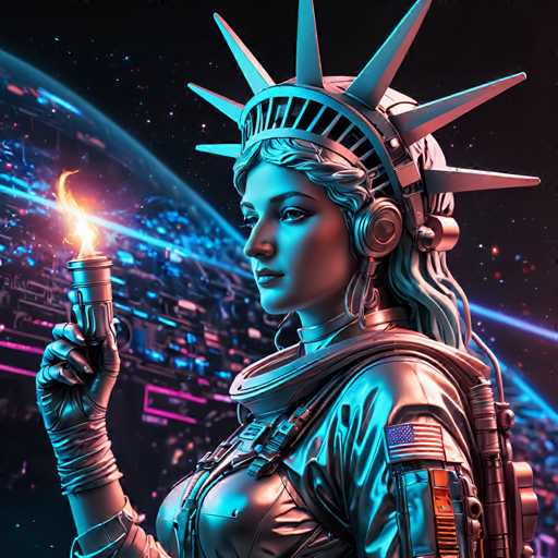 The image depicts a woman wearing a silver suit and helmet with a large headdress on her head, holding a lit torch in one hand and a shield in the other. The background features a cityscape with buildings of various sizes and colors, including blue, pink, yellow, and green hues.