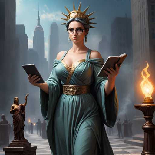 A woman dressed as Cleopatra stands in a city square, holding two books and wearing a crown of gold leaves on her head. The background features buildings and statues, suggesting an urban setting with historical significance.