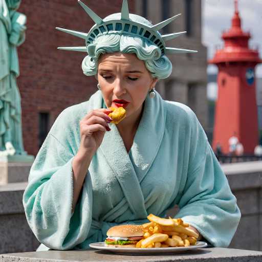 A woman dressed as the Statue of Liberty is seated at a table with a plate of food and fries in front of her.