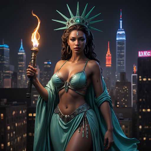A woman stands in front of a city skyline at night, holding a torch and wearing a crown on her head. The buildings behind her are illuminated with bright lights, creating a vibrant contrast against the dark sky.