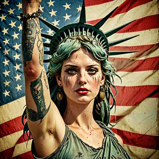 A woman with green hair and tattoos on her arm is standing against a backdrop of an American flag.