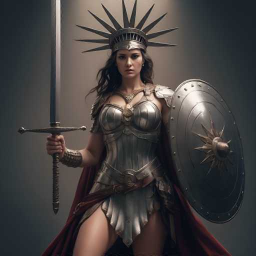A woman dressed as a warrior stands against a dark background with her sword and shield raised high above her head. She wears a silver armor suit that includes a helmet adorned with a sunburst design on the front. The image is in black and white, giving it an artistic and dramatic feel.