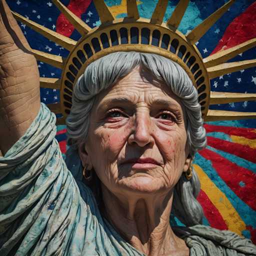 The image shows an old woman statue with a crown on her head and a halo around her neck. The statue is made of clay or plaster and is positioned against a colorful background that includes stars and stripes.