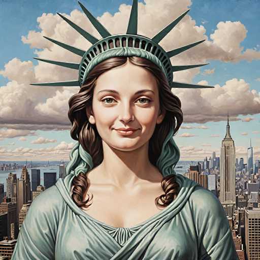 The image depicts a woman wearing a crown and a green dress with long hair styled in loose waves. The background features the iconic New York City skyline, including the Empire State Building and other notable landmarks.