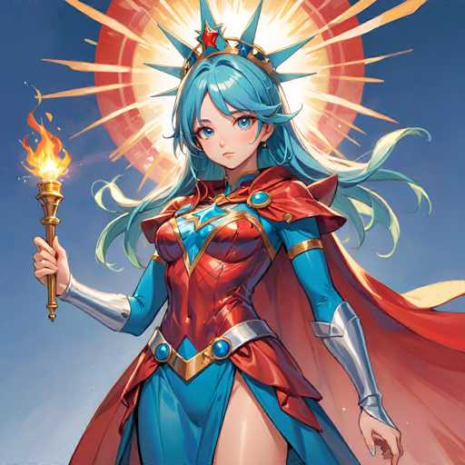 A female character with blue hair and a red dress holding a golden torch is the main focus of the image. The background features a bright sunburst radiating rays from it, creating an atmosphere of warmth and light.