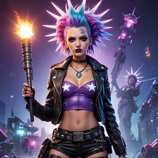 The image depicts a woman with spiky hair and tattoos on her face holding a torch in the center of an urban setting. The background shows buildings and neon lights, suggesting a cityscape or night scene.