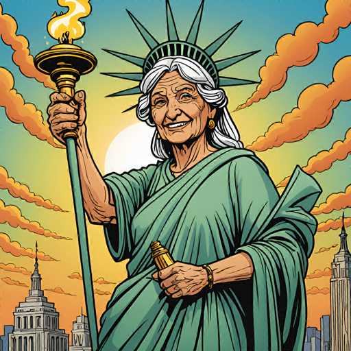 The image depicts an elderly woman dressed as the Statue of Liberty holding a torch and standing on top of a pedestal with her hands placed on her hips. The background features a vibrant sunset over a city skyline, creating a warm and inviting atmosphere.