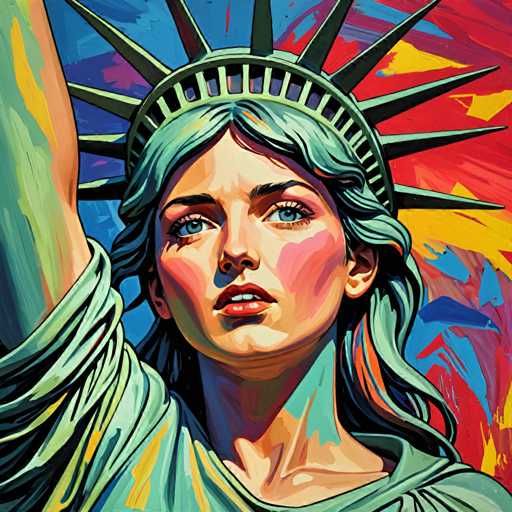The image depicts an illustration of a woman's face with a green headdress on her shoulders and a crown on her head. The colors used for the illustration are blue, red, yellow, and orange.