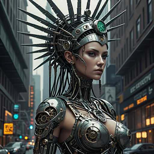 The image depicts a woman wearing a futuristic costume that includes a large headdress and metallic armor. The costume is designed with intricate details and features a green gemstone at the center of the headdress. She stands in front of a building on a city street, surrounded by cars and other urban elements.
