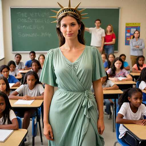 A woman wearing a green dress with a gold crown stands in front of a chalkboard and desks filled with students.
