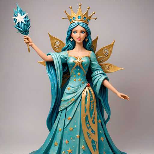 A statue of a woman dressed as a fairy with blue hair and a gold crown is the central focus of the image. The woman's dress features stars and other celestial elements, giving her an ethereal appearance. She holds a star in one hand and a wand in the other, suggesting she may be on a journey or attending a magical event.