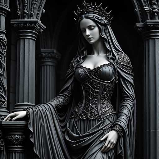 The image shows a statue of a woman with long hair and a crown on her head, dressed in a black robe and corset. The statue is positioned in front of a column, suggesting it may be located within an architectural structure such as a castle or palace.