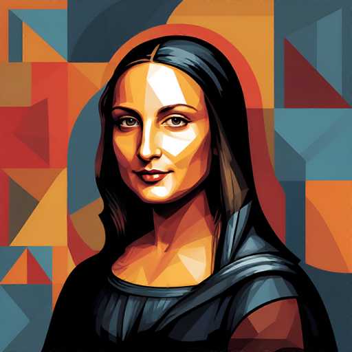 The image depicts a portrait of a woman with long dark hair and a blue dress against an abstract background featuring geometric shapes in shades of orange, yellow, green, and red. The artist's signature is visible at the bottom right corner.