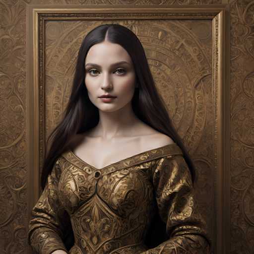 A woman with long brown hair is standing against a gold and black floral wall backdrop. She is wearing a gold dress that features intricate designs on the bodice and skirt. The woman's gaze is directed straight at the camera, creating an engaging portrait.