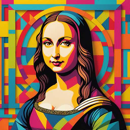 The image is an illustration of a woman's face rendered in a cartoon style with bright colors and geometric shapes. The woman has long brown hair that falls down her back, and she is wearing a blue dress. The background features a circular pattern with various colors including red, yellow, green, blue, purple, orange, and pink.
