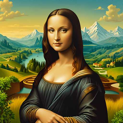 The image depicts a woman with long brown hair wearing a blue dress standing against the backdrop of a mountainous landscape. The mountains are covered in green trees and appear to be part of a valley below them. The sky is filled with clouds, suggesting an overcast day.