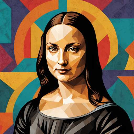 The image is an illustration of a woman's face rendered in a geometric style. The woman has long brown hair and is wearing a black dress against a colorful background that includes circles and rectangles in various shades of blue, green, yellow, orange, pink, and purple.