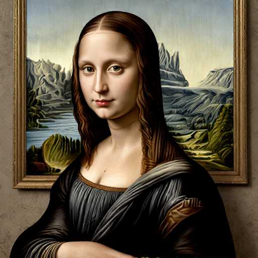 The image features a digital rendering of the famous painting "Mona Lisa" by Leonardo da Vinci. The portrait is rendered in black and white, with the artist's signature in the lower right corner. The background depicts a mountainous landscape under a clear blue sky.