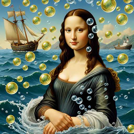 The image depicts a woman with long brown hair wearing a blue dress and holding her head underwater surrounded by bubbles. In the background, there is a ship sailing on the ocean under a clear sky. The painting style is realistic, focusing on capturing the details of the scene, including the woman's face and the bubbles surrounding her.