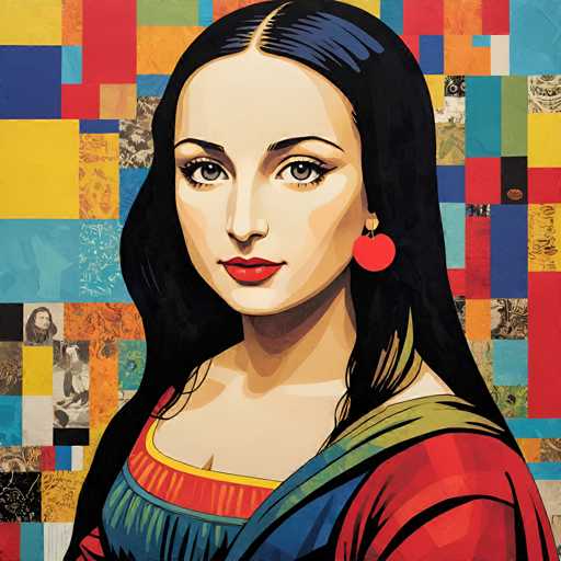 The image depicts a woman with long dark hair wearing a colorful dress and red earrings. The background is a vibrant display of squares in various colors including blue, yellow, green, pink, orange, and purple.