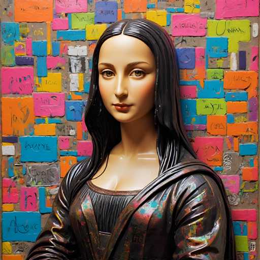 The image shows a statue of a woman with long hair and dark skin, wearing a black dress against a colorful background. The statue is positioned on the left side of the frame, facing towards the right. The background features a wall covered in multicolored paper cutouts arranged in a grid-like pattern.