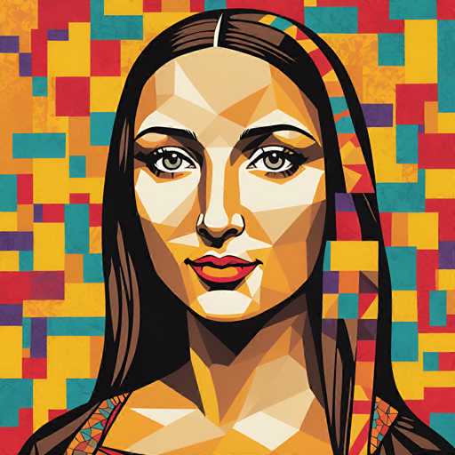 The image depicts a woman with long brown hair wearing a colorful headband and a vibrant dress. The background is a mosaic of different colors and shapes, creating an abstract and visually striking scene.