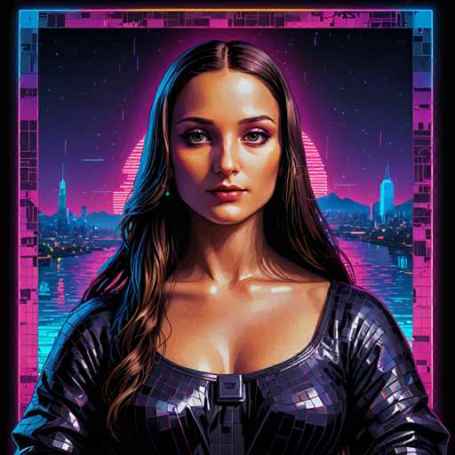 The image depicts a woman with long brown hair wearing a black dress and standing against a backdrop of neon lights and buildings that resemble the city skyline at night. The colors used in the image are predominantly pink, blue, and purple, creating a futuristic and vibrant atmosphere.