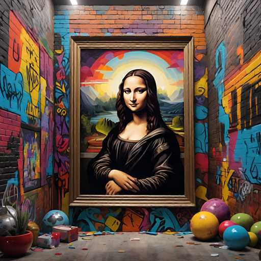 The image shows an art piece featuring a woman's face rendered in a realistic style with a colorful background and a mural of the Mona Lisa above it. The painting is framed by a wooden frame that has been decorated with graffiti. In front of the painting are several colorful balls, including one yellow ball on the right side and two blue ones on the left side.