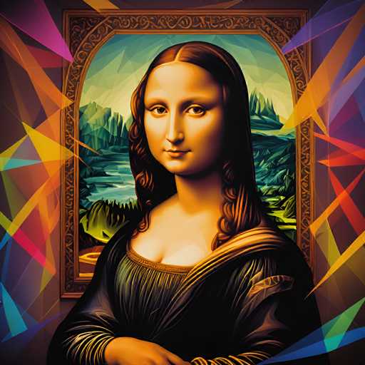 The image features an illustration of a woman with long brown hair and a black dress. She is depicted against the backdrop of a colorful abstract painting that includes geometric shapes and lines. The painting is framed by an archway, adding depth to the composition.