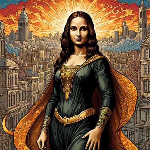 The image depicts a woman with long brown hair and an orange cape standing in front of a cityscape. The woman is wearing a green dress adorned with gold accents and has her hands placed on her hips. The background features buildings and mountains under a bright sun, creating a vibrant and colorful scene.