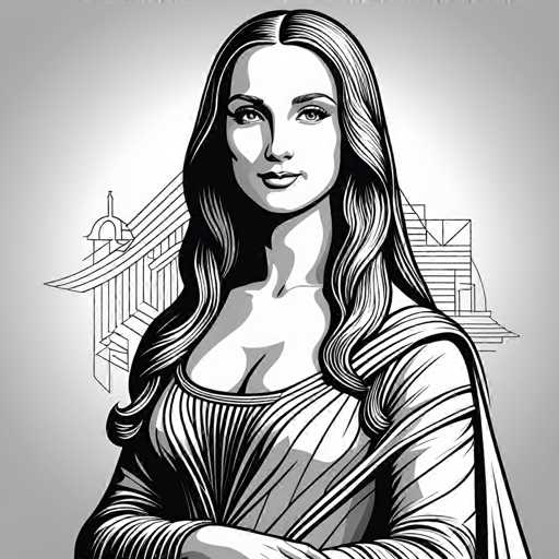 The image is a black and white line drawing depicting a woman with long hair wearing a dress. The woman has her arms crossed over her chest and is looking directly at the viewer. In the background, there is an architectural structure that appears to be a church or a temple.