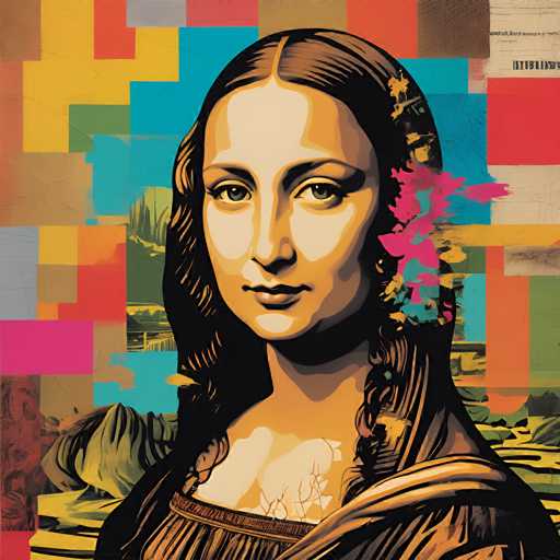 The image is an illustration of a woman's face with a flower in her hair. The background features a colorful mosaic composed of squares and rectangles in various shades of blue, green, yellow, pink, orange, and red.