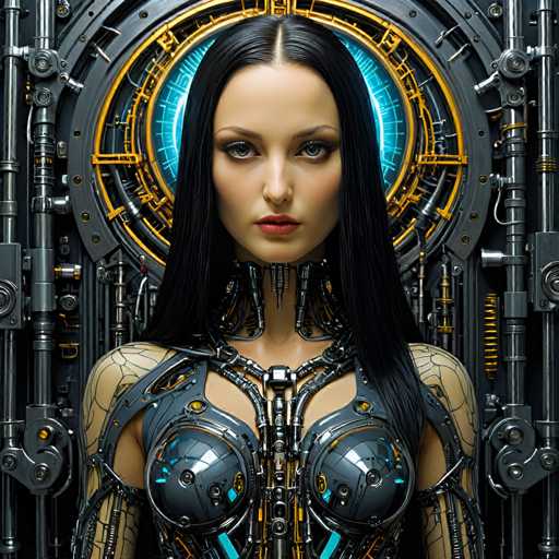 The image shows a close-up portrait of a woman with long dark hair and striking blue eyes. She is wearing a futuristic outfit that includes a metallic bodysuit with intricate designs on the chest area and arms. The background features a large circular panel adorned with yellow and black lines, giving it an industrial or futuristic appearance.