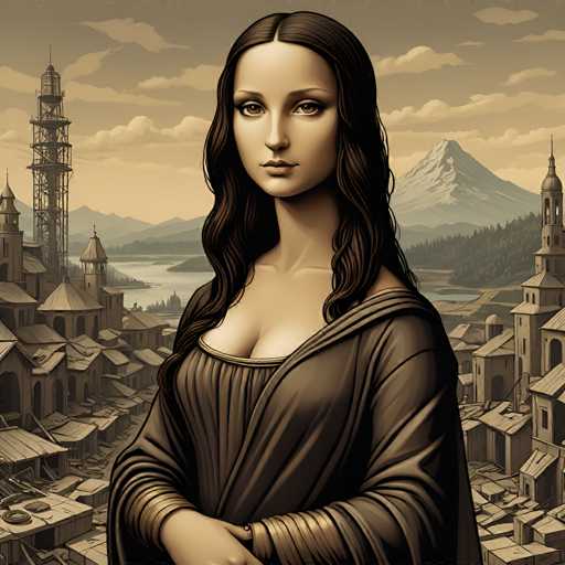 The image depicts a woman with long brown hair and dark skin wearing a brown dress standing against the backdrop of a cityscape featuring buildings of varying heights and designs. The sky above is filled with clouds, adding to the overall atmosphere of the scene.