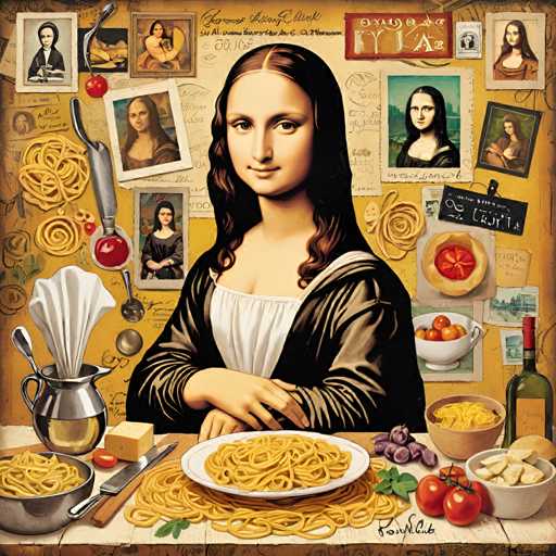 The image depicts a woman seated at a table with a plate of spaghetti and various other food items such as bowls filled with pasta, tomatoes, and cheese. The background features a collage of images related to the Mona Lisa painting, including her portrait, the painting itself, and other famous artworks.
