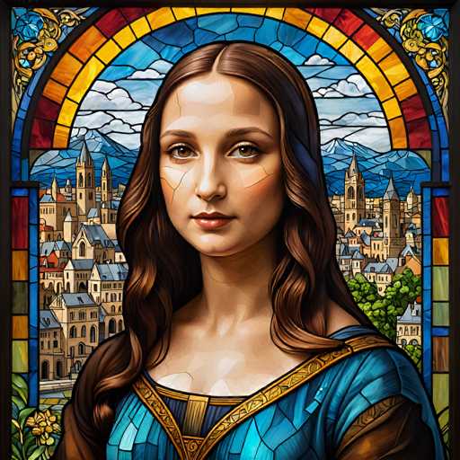 The image depicts a woman with long brown hair wearing a blue dress and a gold necklace. The background features a stained glass window with a castle-like structure and mountains in the distance.