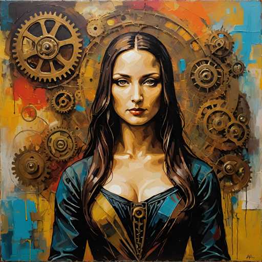 The image depicts a woman with long brown hair wearing a blue dress and gold jewelry. The background features an abstract representation of gears and cogs in various colors including yellow, orange, green, and red.