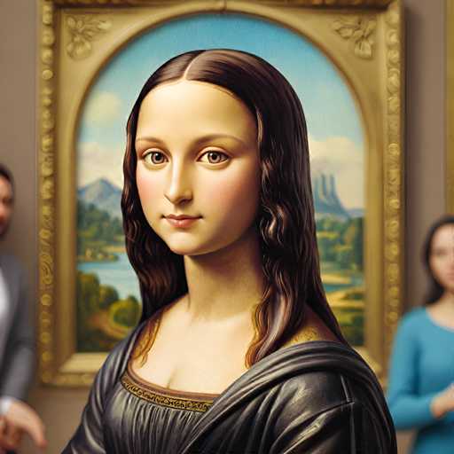 The image shows a woman's face with long brown hair and a black dress against the backdrop of an art gallery. The painting is a portrait of a woman, which appears to be a realistic representation of her features. In the background, there are two people present - one person wearing a suit and another in a blue shirt.