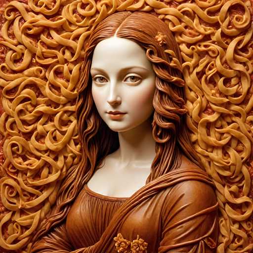 The image shows a close-up portrait of a woman with long brown hair and a brown dress. The background is a vibrant display of orange and yellow lines that create an abstract pattern around the woman's face.