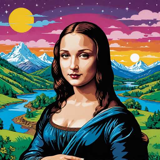The image depicts a woman with long brown hair wearing a blue dress standing against the backdrop of a mountain range and a river. The sky above is painted in shades of pink and orange, suggesting either sunrise or sunset. The painting style is realistic, capturing the details of the landscape and the woman's features.