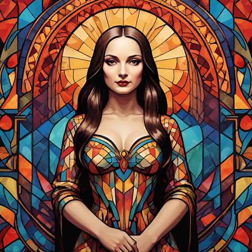 The image depicts a woman with long brown hair wearing a colorful dress adorned with geometric patterns and a gold brooch on her chest. The background features a stained glass window with blue, orange, and red hues, creating an ethereal atmosphere around the woman's figure.